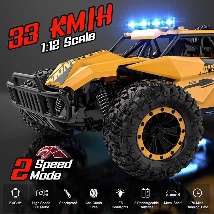 Remote Control Car for Boys, RC Cars, 1:12 Monster RC Truck off Road with LED Headlight and Rechargeable Battery Gifts for Adults Boys 8-12