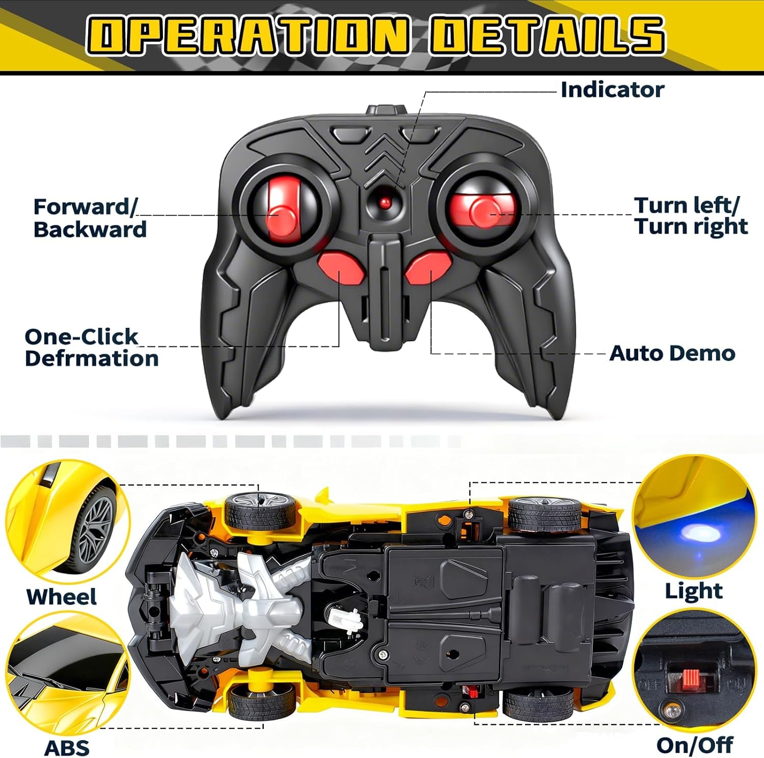 Remote Control Car for Boys, 1:18 Scale Rc Race Car with 360° Rotating Led Lights & One Button Deformation - Rc Cars Robot Toy Cars for Kids 3 4 5 6 7 8-12 Birthday Easter Gifts ﻿