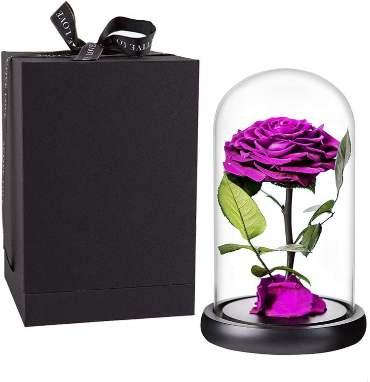 Purple Roses Handmade Rose in Glass Dome, Preserved Flowers Never Withered Romantic Gifts for Her, Mother&