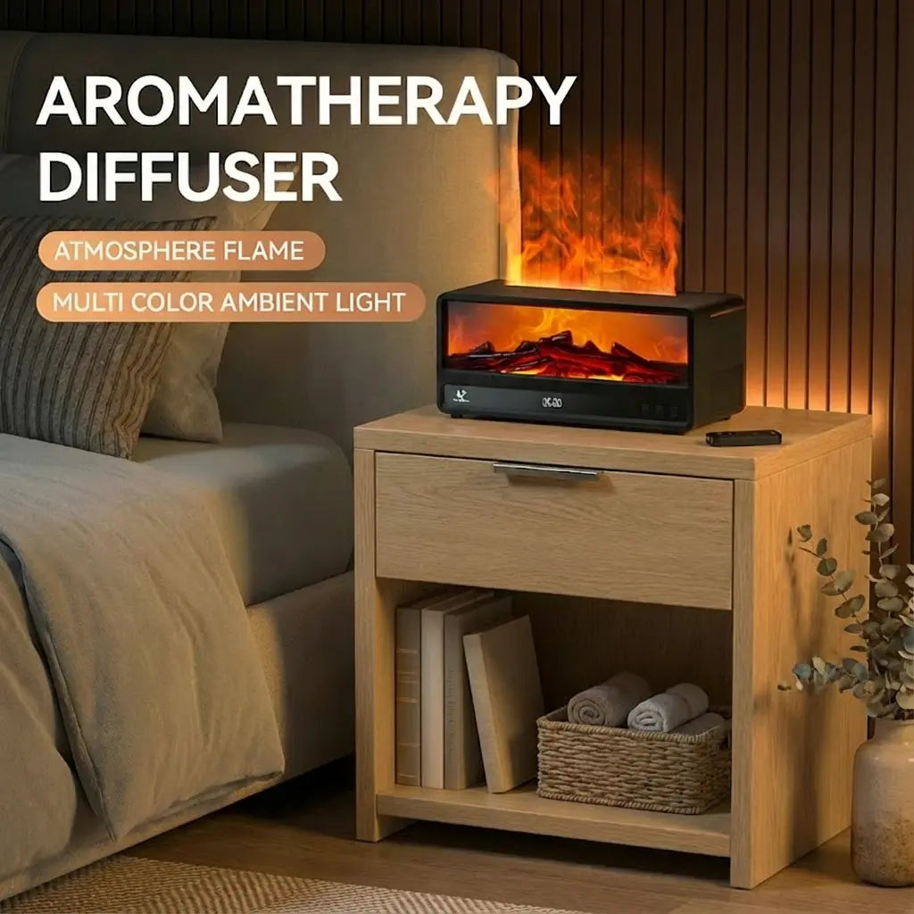 Flame Air Humidifier & Aroma Diffuser with 8-Color LED Flame Effect, Essential Oil Diffuser, Aromatherapy Machine, Remote & Timer for Home Bedroom Office with Auto-Off Protection Desktop Air Purifier for Relaxing Atmosphere