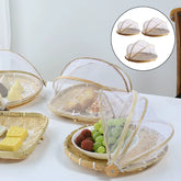 Handmade Bamboo Woven Fruit Vegetable Basket with Mosquito Proof Net round Dustproof Wicker Tray Food Bread