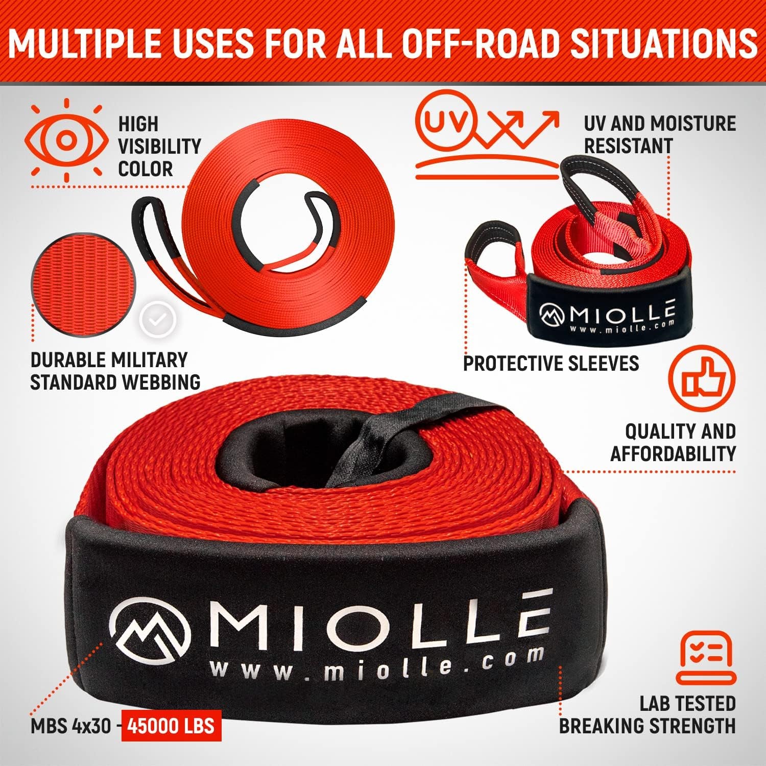 gear Tow Strap 4”X30’- 45000Lbs MBS Recovery Strap Kit Includes: Tow Rope, 2 D-Ring Shackles MBS- 62700LBS, Storage Case