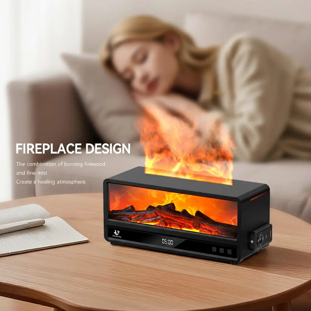 Flame Air Humidifier & Aroma Diffuser with 8-Color LED Flame Effect, Essential Oil Diffuser, Aromatherapy Machine, Remote & Timer for Home Bedroom Office with Auto-Off Protection Desktop Air Purifier for Relaxing Atmosphere