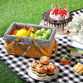 Wicker Picnic Basket Natural Hand Woven Basket with Double Folding Handles, Willow Hamper Baskets with Blanket for Outdoor Picnic Summer Spring Camp Family(Black and White Grid)