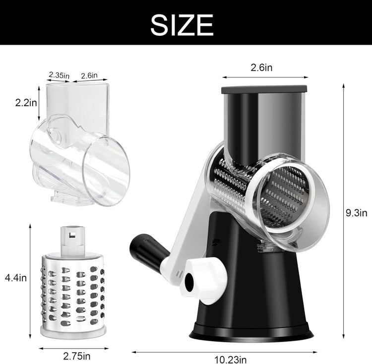 Rotary Cheese Grater Hand Crank Cheese Shredder for Fresh Cheese, Vegetable, Nuts,Non-Slip Suction Base, Free Cleaning Brush Three Blades, Black