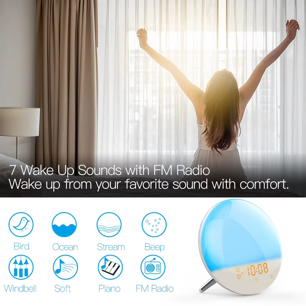 MOES Wifi Wake up Smart Light Alarm Clock with 7 Colors Sunrise Sunset Simulation Tuya APP Control Works with Alexa Google Home