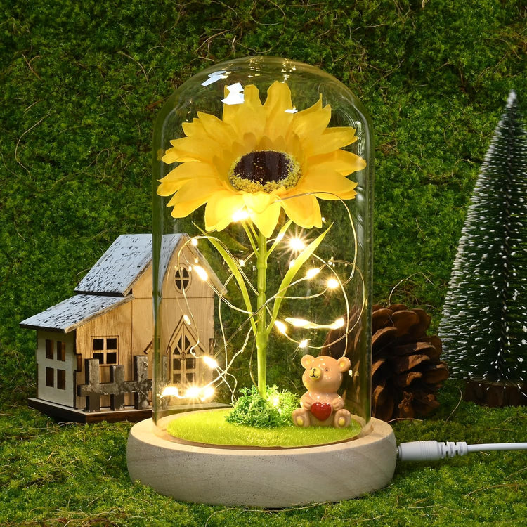 Sunflower Gifts for Women,Birthday Gifts for Her,Artificial Sunflower in Glass Dome with Led Light for Mother&