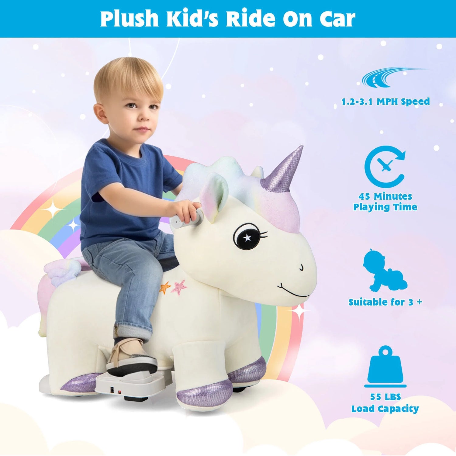 6V Electric Animal Ride on Toy Unicorn Kids Plush Ride-On W/ Music & Handlebars