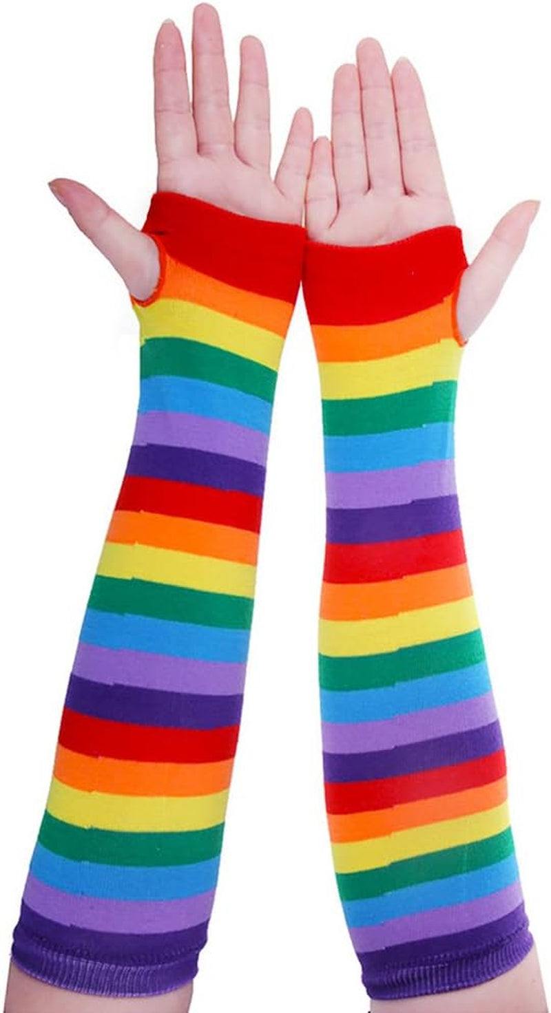 Womens Rainbow Socks Striped Knee High Socks Arm Warmer Fingerless Gloves Set