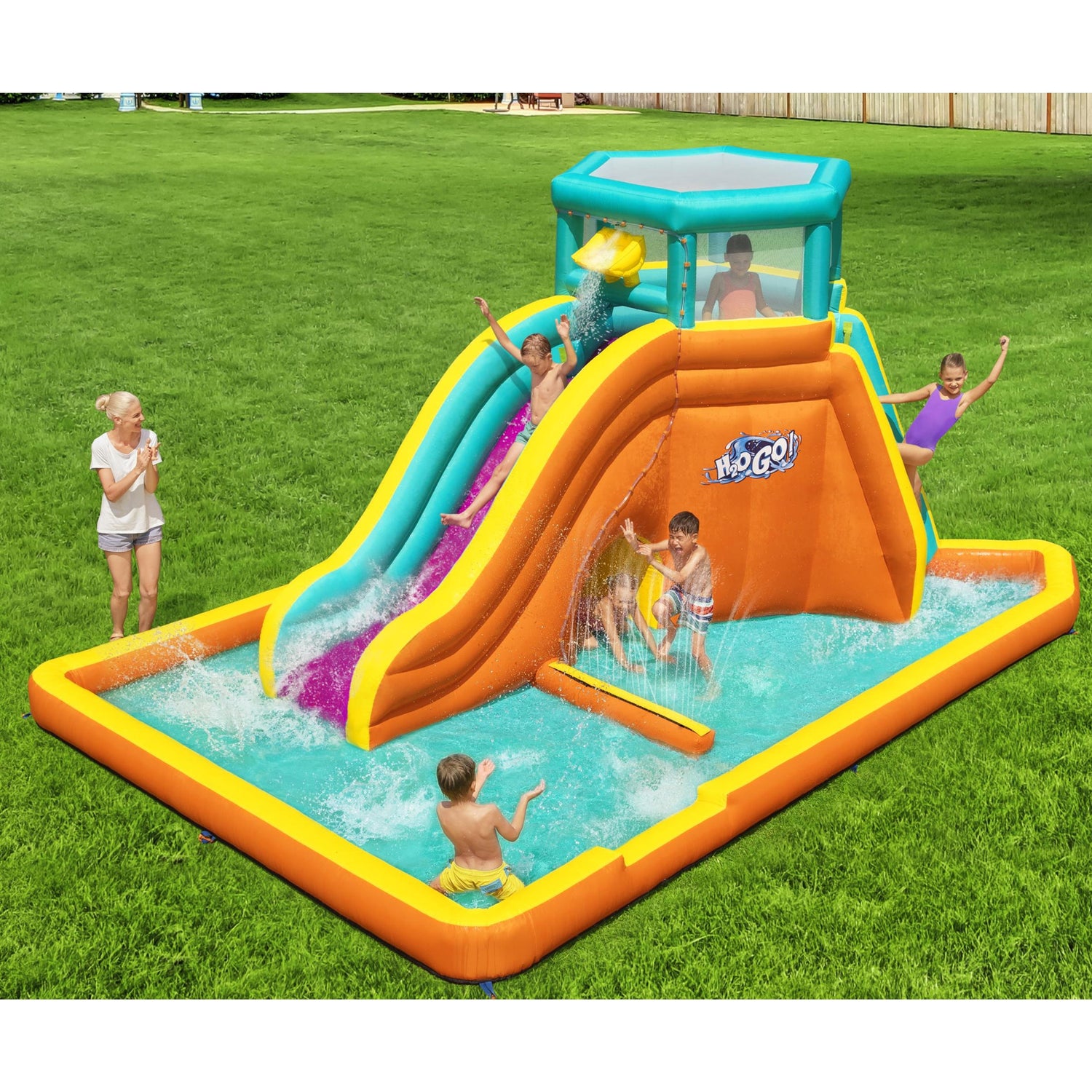 H2OGO! Tidal Tower Slide Kids Backyard Inflatable Water Park W/ Slide and Air Blower