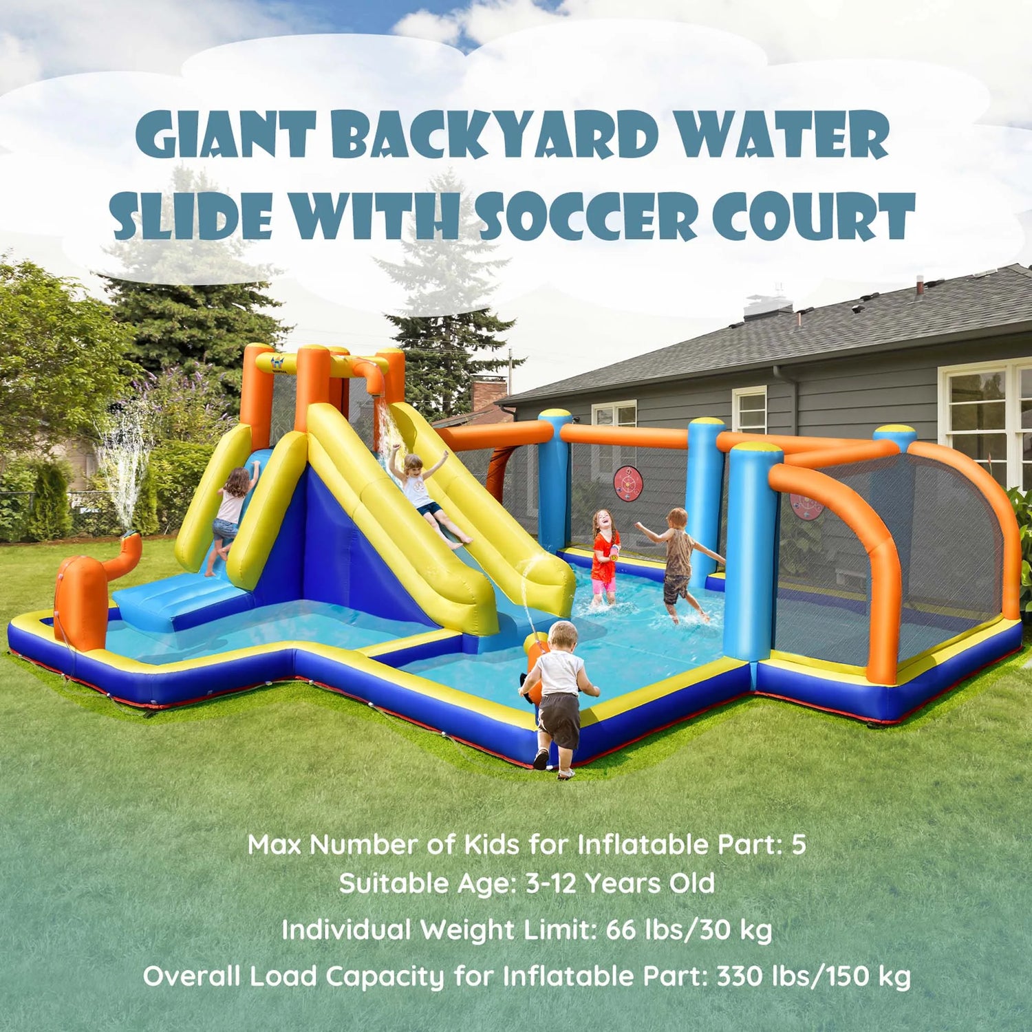 Giant Soccer-Themed Inflatable Water Slide Bouncer W/ Splash Pool without Blower