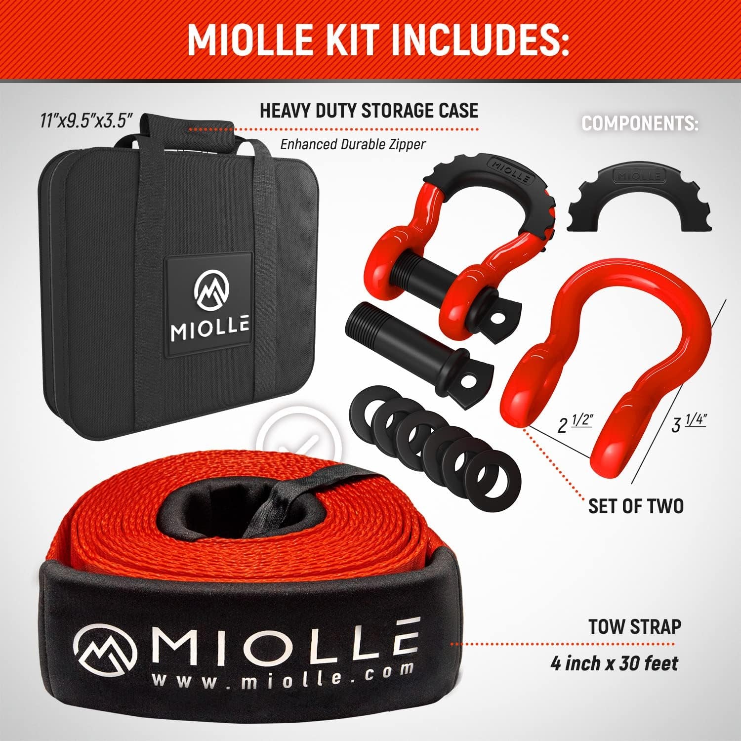 gear Tow Strap 4”X30’- 45000Lbs MBS Recovery Strap Kit Includes: Tow Rope, 2 D-Ring Shackles MBS- 62700LBS, Storage Case