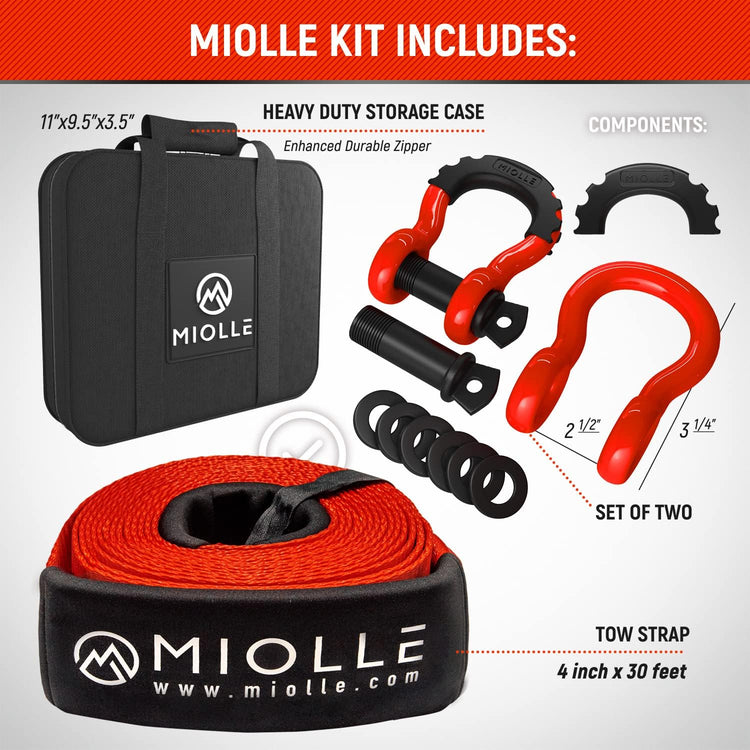 gear Tow Strap 4”X30’- 45000Lbs MBS Recovery Strap Kit Includes: Tow Rope, 2 D-Ring Shackles MBS- 62700LBS, Storage Case