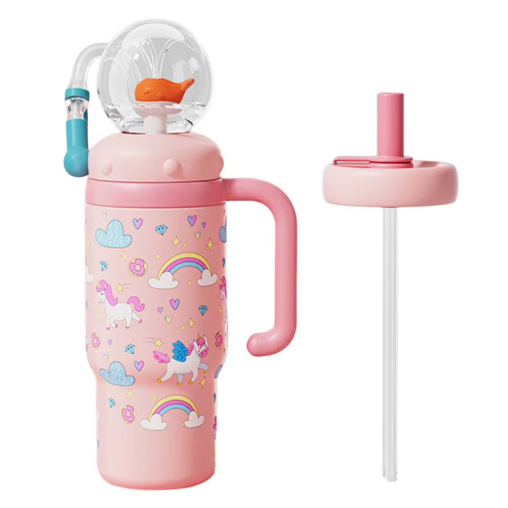 24Oz Stainless Steel Whale Fountain Tumbler with Handle Drinking Cup with Straw Whale Squirt Water Cup 710Ml Drinking Cup