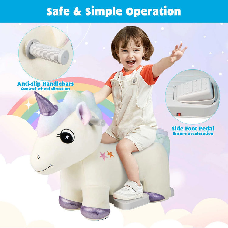 6V Electric Animal Ride on Toy Unicorn Kids Plush Ride-On W/ Music & Handlebars