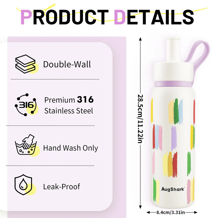 Augshark 24 Oz Insulated Water Bottle, 316 Stainless Steel Liner Tumbler with Handle & Flip Straw, Leak-Proof Vacuum Bottle for Gym, Travel, Sports, School Cup Gift Thermal Bottle