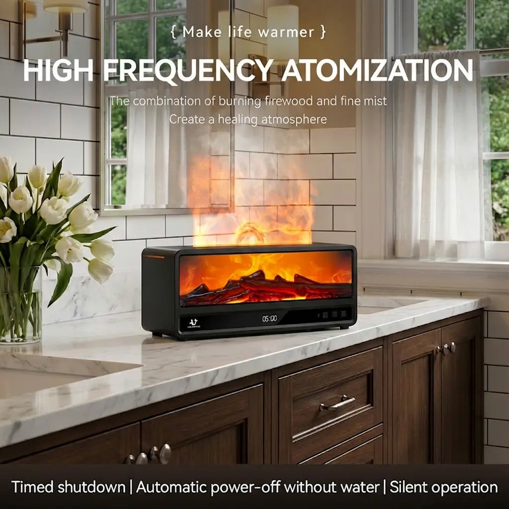Flame Air Humidifier & Aroma Diffuser with 8-Color LED Flame Effect, Essential Oil Diffuser, Aromatherapy Machine, Remote & Timer for Home Bedroom Office with Auto-Off Protection Desktop Air Purifier for Relaxing Atmosphere