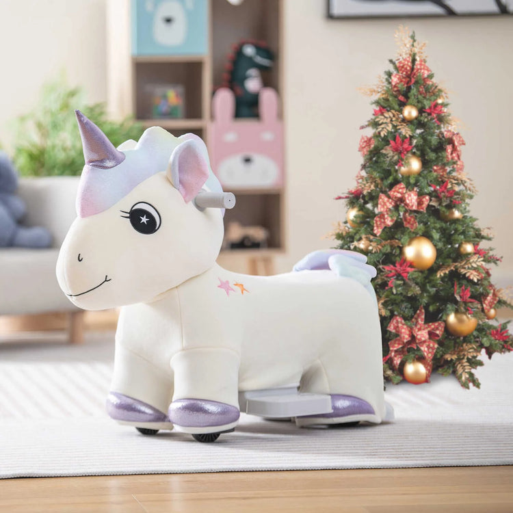 6V Electric Animal Ride on Toy Unicorn Kids Plush Ride-On W/ Music & Handlebars