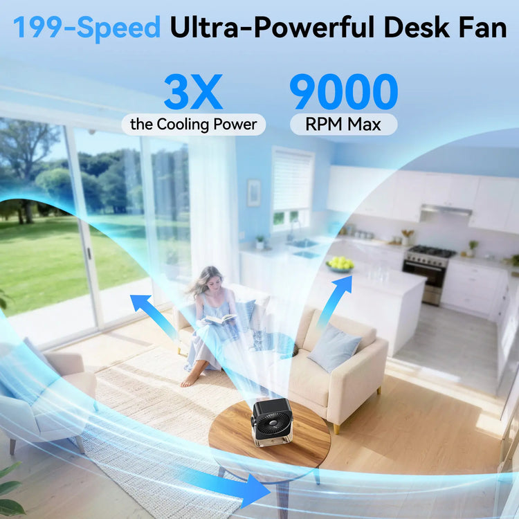 KIMMOO Desk Fan for Bedroom, 199 Speeds Turbo Airflow, Portable Fan with Ice Cooling, Digital Display Quiet Table Fan, 270° Rotating Small Rechargeable Battery Desktop Fans for Home Office