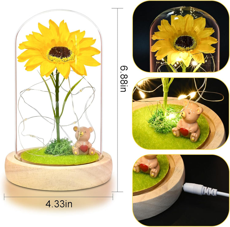 Sunflower Gifts for Women,Birthday Gifts for Her,Artificial Sunflower in Glass Dome with Led Light for Mother&