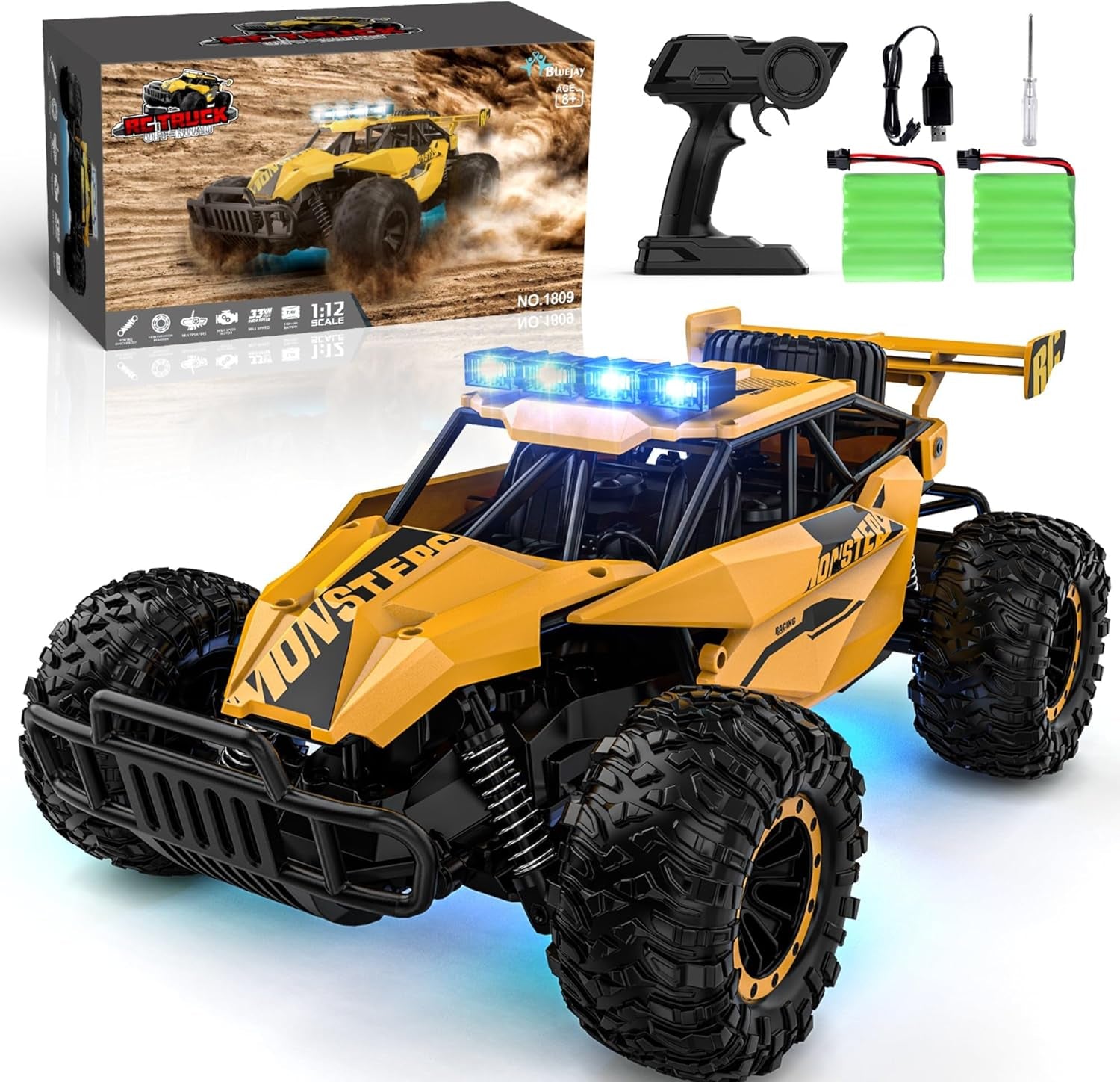 Remote Control Car for Boys, RC Cars, 1:12 Monster RC Truck off Road with LED Headlight and Rechargeable Battery Gifts for Adults Boys 8-12
