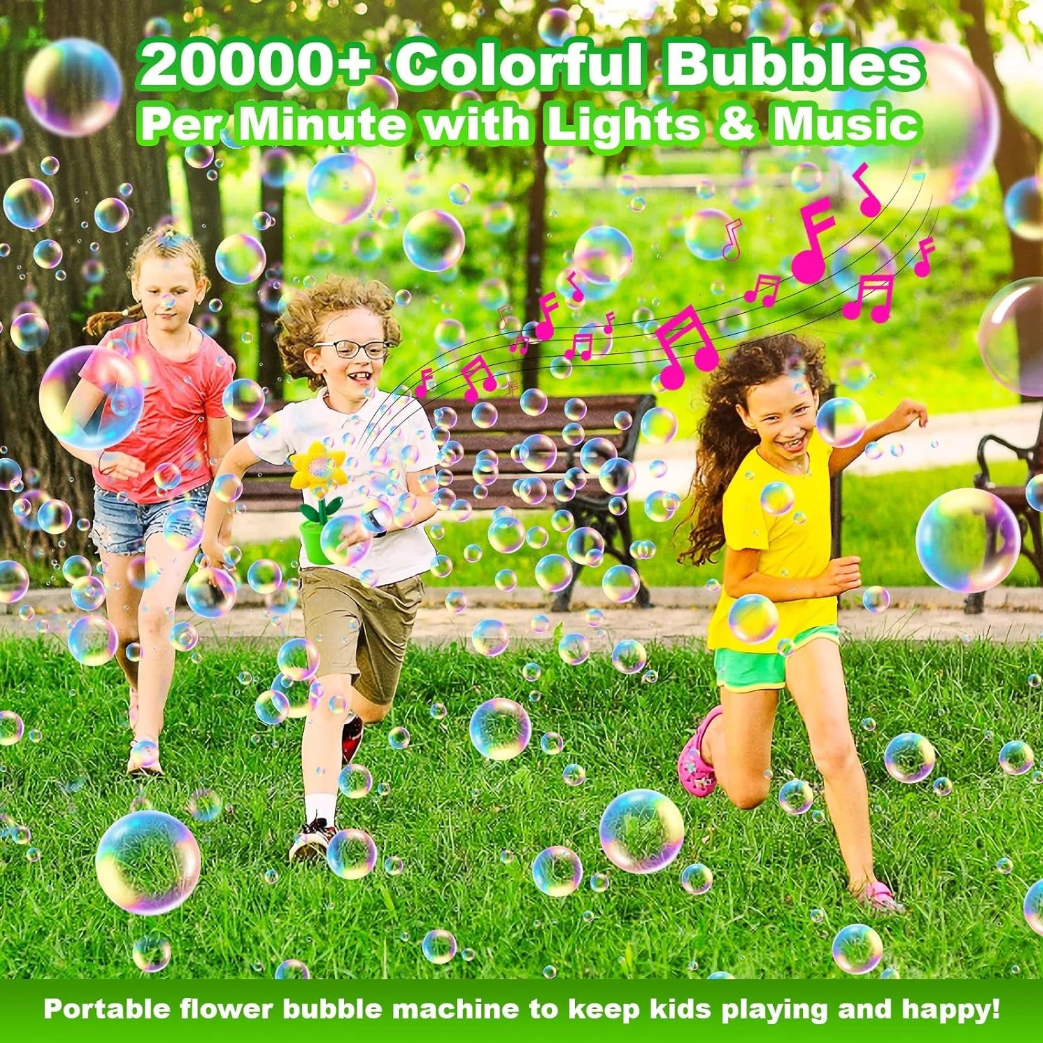 Bubble Machine with Light for Kids,20000+ Bubbles per Minute Automatic Flower Bubble Maker for Toddlers,2025 Upgrade Portable Battery Operated Bubble Machine Toy for Outdoor/Indoor Parties Birthday