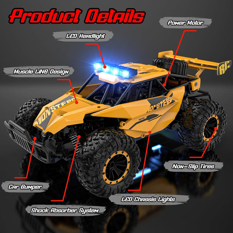 Remote Control Car for Boys, RC Cars, 1:12 Monster RC Truck off Road with LED Headlight and Rechargeable Battery Gifts for Adults Boys 8-12
