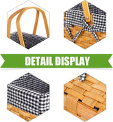 Wicker Picnic Basket Natural Hand Woven Basket with Double Folding Handles, Willow Hamper Baskets with Blanket for Outdoor Picnic Summer Spring Camp Family(Black and White Grid)