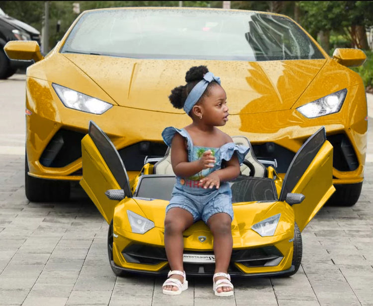 24V Lamborghini Aventador W/ Swappable Battery - Electric Car for Kids with 3 Speeds, Leather Seat, Remote, MP3 Music by Bluetooth, FM Radio, Rubber Tires (Yellow)